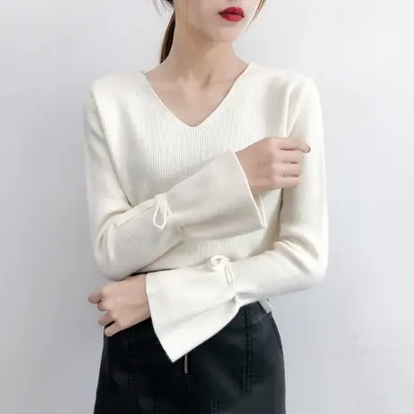 2023秋冬新款喇叭袖V领针织衫修身慵懒风套头毛衣女打底衫上衣潮商品大图