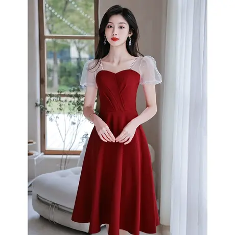 法式敬酒服新娘夏季红色小晚礼服连衣裙平时可穿订婚回门便装纱袖商品大图