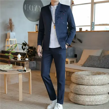 新中式中山装套装男士青年修身西服中式结婚礼服三件套中国风唐装图片