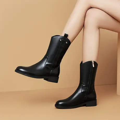 浓情漫宇秋冬新款头层牛皮中靴绒里保暖亲肤时尚百搭软皮中筒女靴商品大图