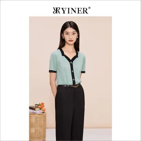 YINER音儿专选女装夏季撞色饰扣方领针织衫上衣图片