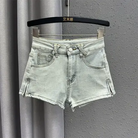 韩版阔腿裤女2024春季新款浅蓝色个性拉链开叉性感休闲牛仔短裤潮图片