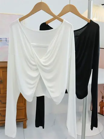 性感大露背T恤罩衫镂空防晒衣女春夏高腰瑜伽舞蹈服宽松短款上衣图片