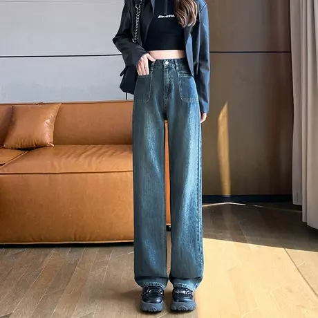 复古蓝色阔腿牛仔裤女2024春秋新款窄版高腰直筒宽松显瘦拖地裤子商品大图