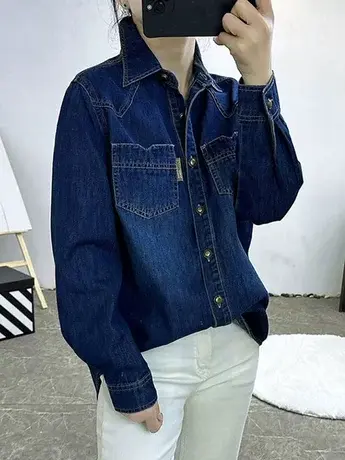 牛仔衬衫女秋冬新款韩版设计感宽松蓝色百搭休闲打底叠穿衬衣外套商品大图