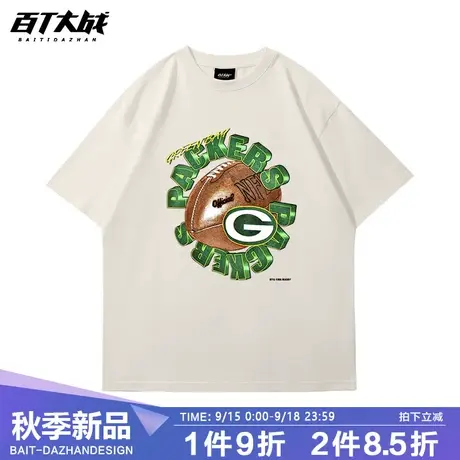 复古美式t恤运动风休闲橄榄球立体字母短袖情侣衫纯棉大码中袖tee商品大图