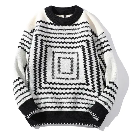 秋冬毛衣男新款青少年学生条纹针织衫韩版潮流打底衫格子圆领线衣商品大图