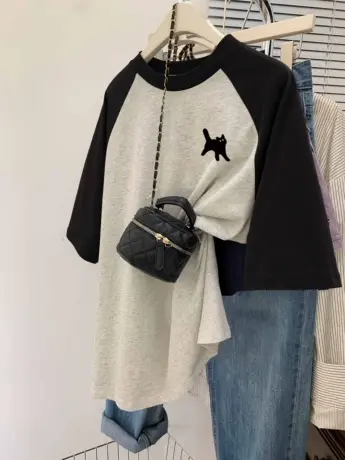 夏季别致插肩袖上衣女2024新款纯棉慵懒风撞色T恤ins潮牌大码短袖商品大图