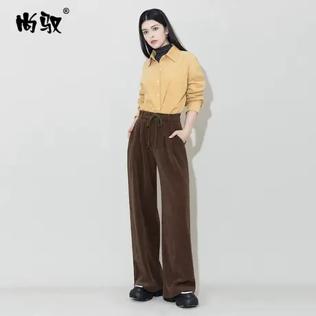 深咖啡弹力百搭灯芯绒西裤直筒裤冬新款修身显瘦拖地裤时尚休闲裤图片