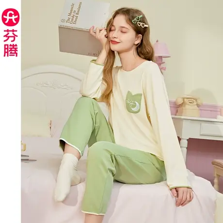 芬腾春秋季长袖睡衣女款纯棉套头宽松大码女士春季全棉家居服套装商品大图