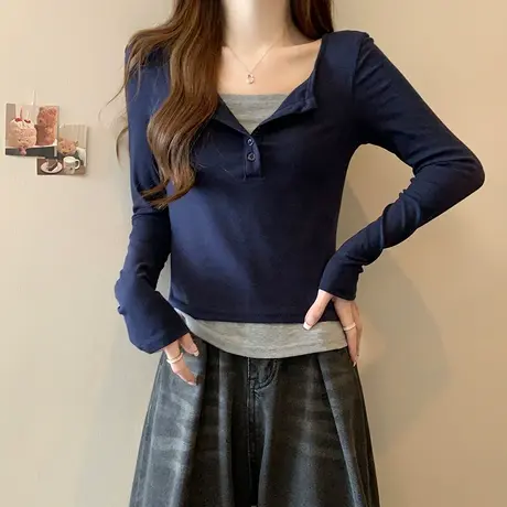 假两件早春长袖t恤女2024新款爆款春秋季内搭修身打底衫短款上衣商品大图