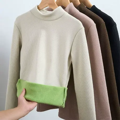 加绒打底衫女中领冬季加厚内搭一体绒新款长袖T恤保暖内衣女上衣商品大图