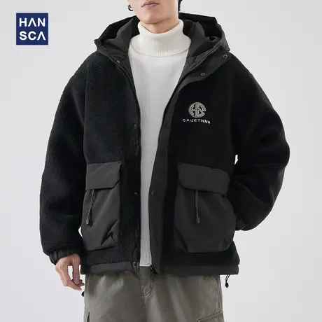 hansca美式羊羔绒羽绒服男士冬季鸭绒刺绣大口袋复古纯色连帽外套图片