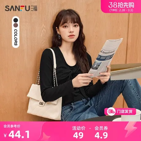 三福长袖T恤2024新款春秋季设计感小众假两件挂脖美拉德上衣女装商品大图