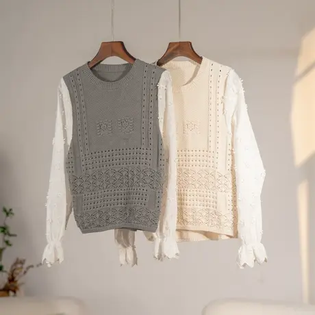 享永子【早春标配】假两件针织马甲衬衫袖上衣拼接提花设计感衬衣图片