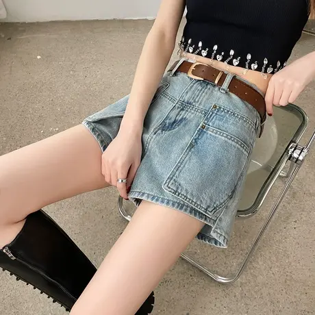 美式复古牛仔短裤女春夏2024新款高腰百搭设计感大口袋a字热裤潮商品大图