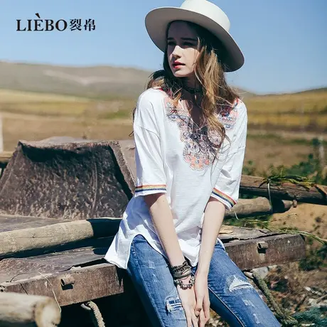 裂帛国风刺绣短袖T恤女慵懒风宽松复古设计感开衩显瘦半袖上衣夏商品大图