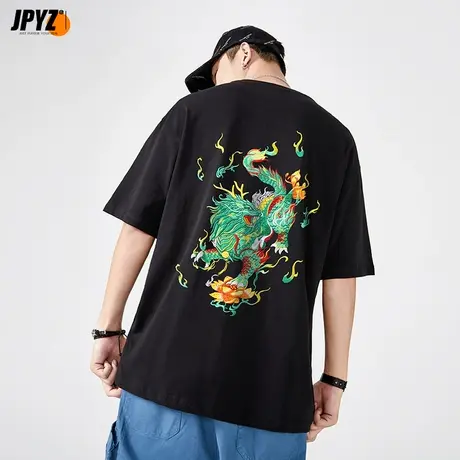 麒麟刺绣短袖t恤男纯棉夏季宽松半袖上衣ins国潮牌男士体恤2023新商品大图