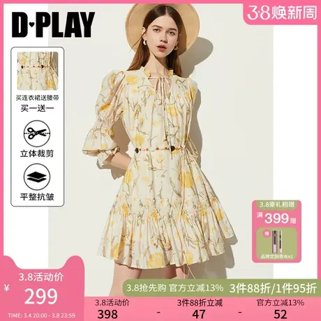 DPLAY春气质甜美黄色印花V领泡泡袖A字连衣裙度假印花短款裙子女图片