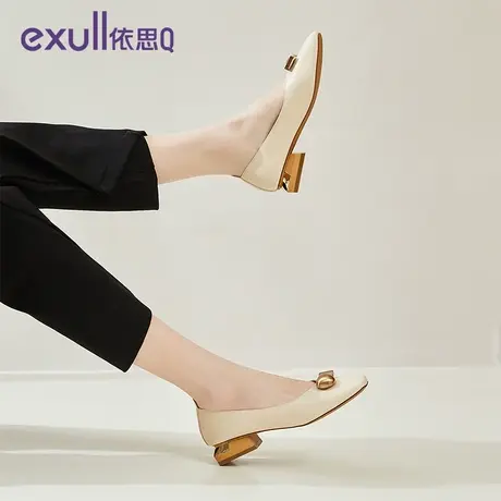 依思Q单鞋女2024新款春季配裙子低跟平底小皮鞋复古浅口粗跟瓢鞋商品大图