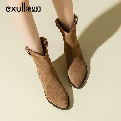 依思q靴子女2023新款秋冬短靴绒面中筒靴女低跟女靴堆堆靴瘦瘦靴商品大图