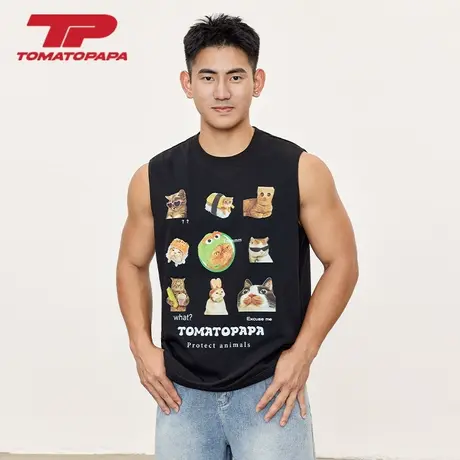 夏季背心宽松坎肩吸汗透气无袖衫网红ins可爱趣味烫画潮情侣上衣商品大图