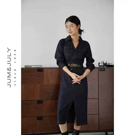 嘉茱莉2023秋季新款牛仔连衣裙女V领高腰连衣裙小个子长裙衬衫裙图片