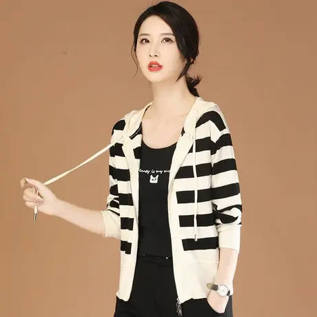 韩潮袭人连帽条纹开衫毛衣外套女2023秋季新款宽松休闲针织上衣商品大图