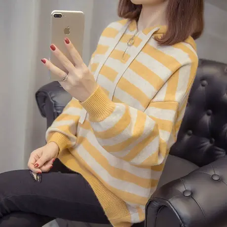 条纹连帽毛衣女秋冬新款潮韩版宽松外穿套头慵懒风套头针织衫上衣商品大图