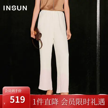 恩裳COVER2023秋季新款松紧腰立体褶直筒裤定制米白色压褶休闲裤商品大图