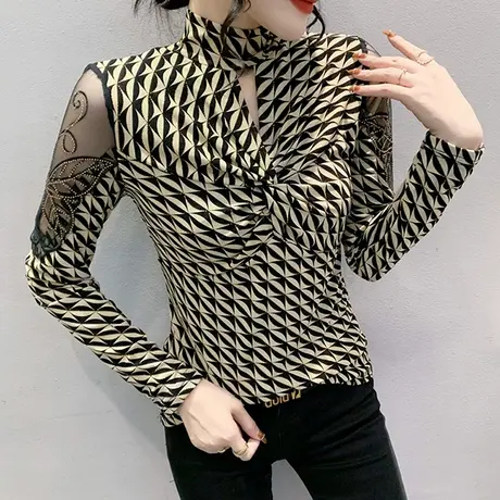 网纱拼接半高领打底衫女秋冬内搭长袖性感镂空上衣漂亮印花T恤ins商品大图