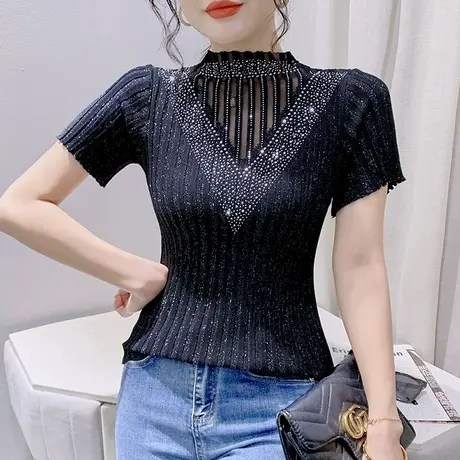 网纱拼接针织上衣女2023夏新款性感镂空T恤时尚烫钻小衫紧身短袖商品大图