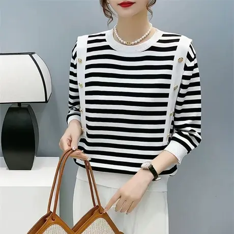 春装条纹薄款针织衫女2023新款七分袖中袖打底衫设计感小众上衣女图片