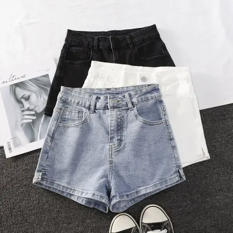韩版侧边开叉包臀牛仔短裤2022春季新款高腰显瘦ins弹力铅笔短裤商品大图