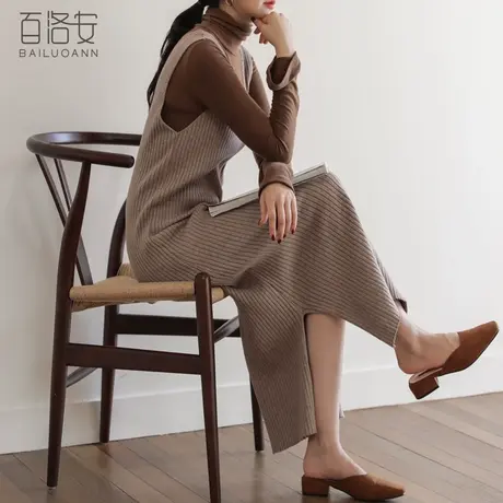 百洛安无袖V领针织衫女冬装新款长款过膝开叉毛衫打底毛衣背心裙图片