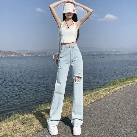 破洞牛仔裤女秋季爆款2023新款直筒宽松高腰显瘦阔腿裤高街潮ins商品大图