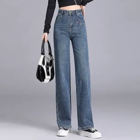 牛仔阔腿裤女春秋新款复古宽松刺绣直筒裤大码垂感休闲时尚拖地裤商品大图