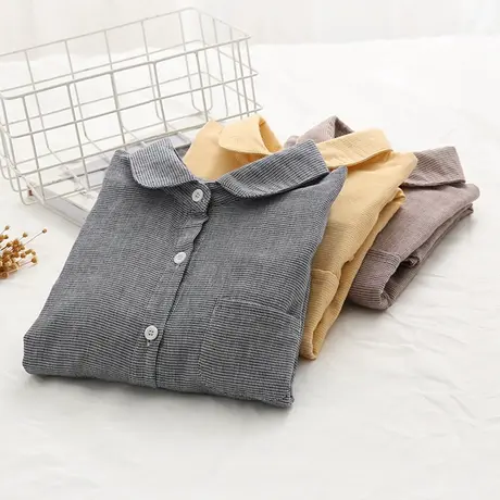 秋季小清新文艺打底双层纱纯棉格子百搭衬衫女元宝领条纹长袖衬衣商品大图