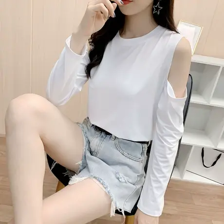 网红露肩长袖t恤女2023秋装新款ins超火设计感显瘦黑色打底衫上衣商品大图