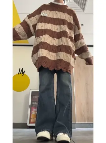 条纹毛衣女秋冬季小个子宽松慵懒风设计感小众日系复古针织衫外套商品大图