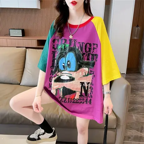 小众设计感短袖t恤女夏季韩版宽松大码女装中长款小个子撞色上衣图片