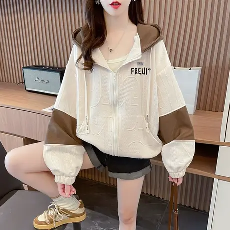早秋外套女2023新款春秋季韩版宽松初秋薄款连帽撞色秋天开衫卫衣商品大图