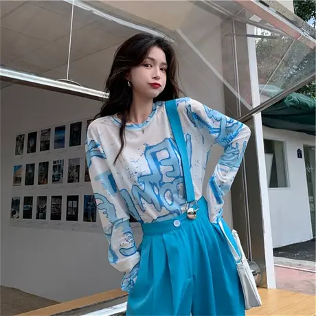 透明扎染网纱防晒上衣女夏季设计感小众别致薄款冰丝长袖T恤罩衫商品大图