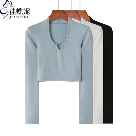 秋冬新款韩版环扣圆领短款纯欲修身纯色纯棉长袖体恤上衣内搭女装图片