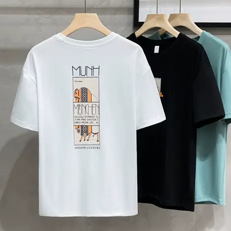 冰丝棉重磅短袖t恤男夏季宽松复古美式贴布印花正肩宽松半袖体恤商品大图