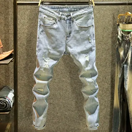 破洞补丁乞丐裤子男款浅蓝色潮牌痞帅炸街裤子男款修身小脚牛仔裤商品大图