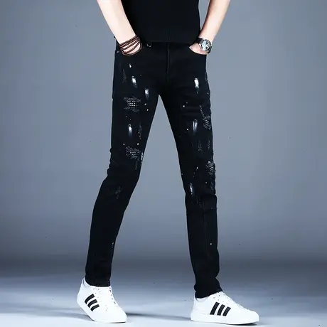男士黑色破洞补丁牛仔裤男款高端潮牌2023新款韩版潮流乞丐裤子男商品大图