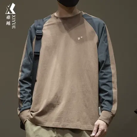 希越撞色拼接长袖T恤男士秋冬圆领纯棉男装宽松大码胖子打底上衣商品大图