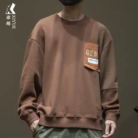 希越美拉德重磅卫衣男焦糖色拼接口袋秋季运动宽松大码打底套头衫商品大图