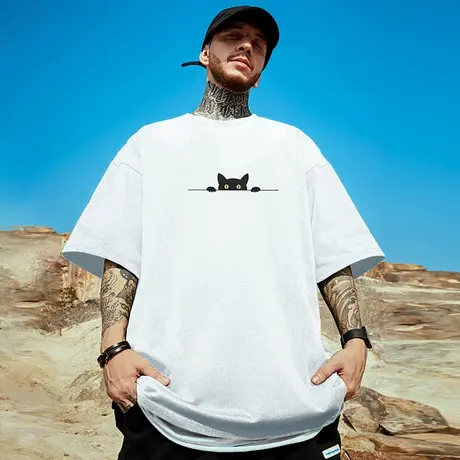 美式复古重磅潮牌短袖T恤简约大码男装加肥加大胖子宽松情侣半袖图片